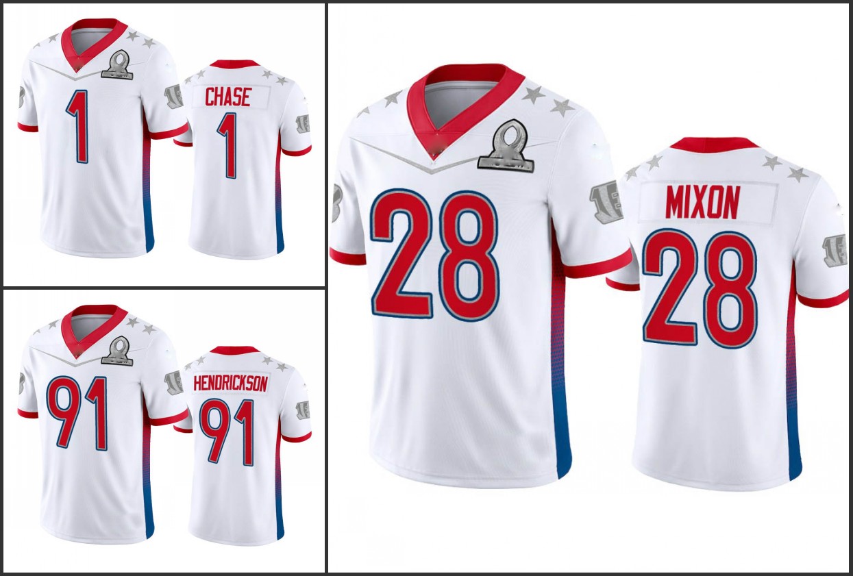 

CincinnatiBengalsMen #28 Joe Mixon 1 Ja'Marr Chase 91 Trey Hendrickson Women Youth White Game 2022 AFC Pro Bowl Jersey, Black