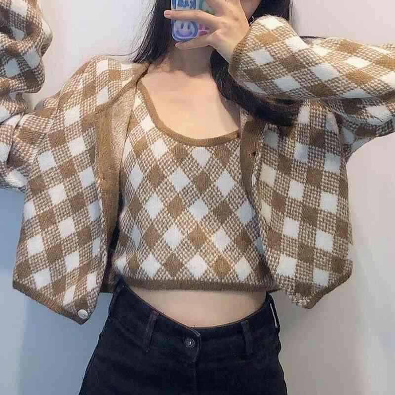 

Women Sweater Camis Autumn Fashion Plaid Knit Tank Top 210602, As photo