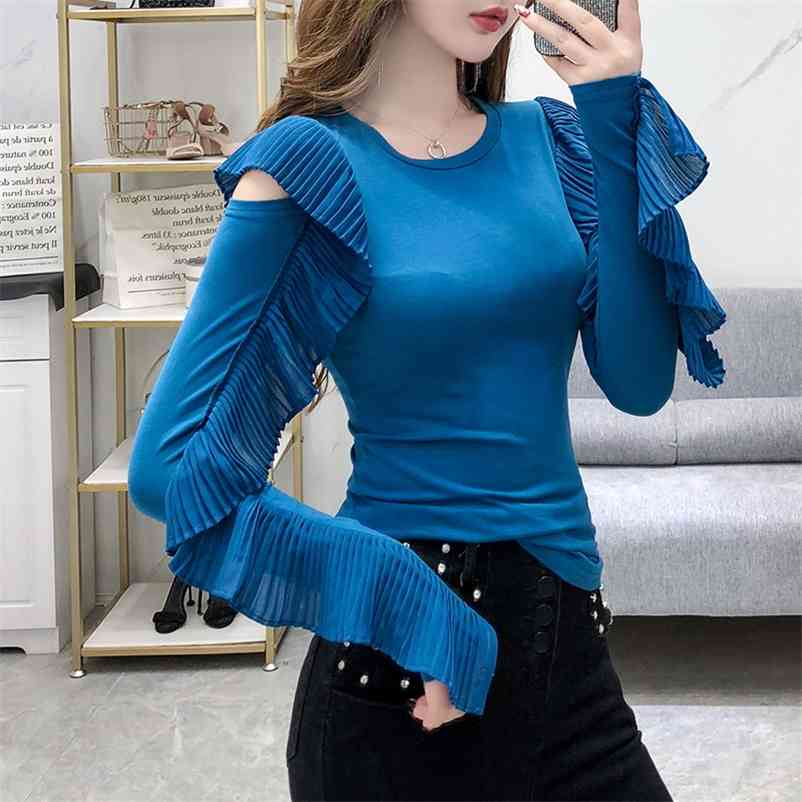 

Luxury Design Women's O Neck Off Shoulder Long Sleeves Ruffles T-Shirt Autumn Female Pullover Casual Tops Tees A3785 210519, Purple