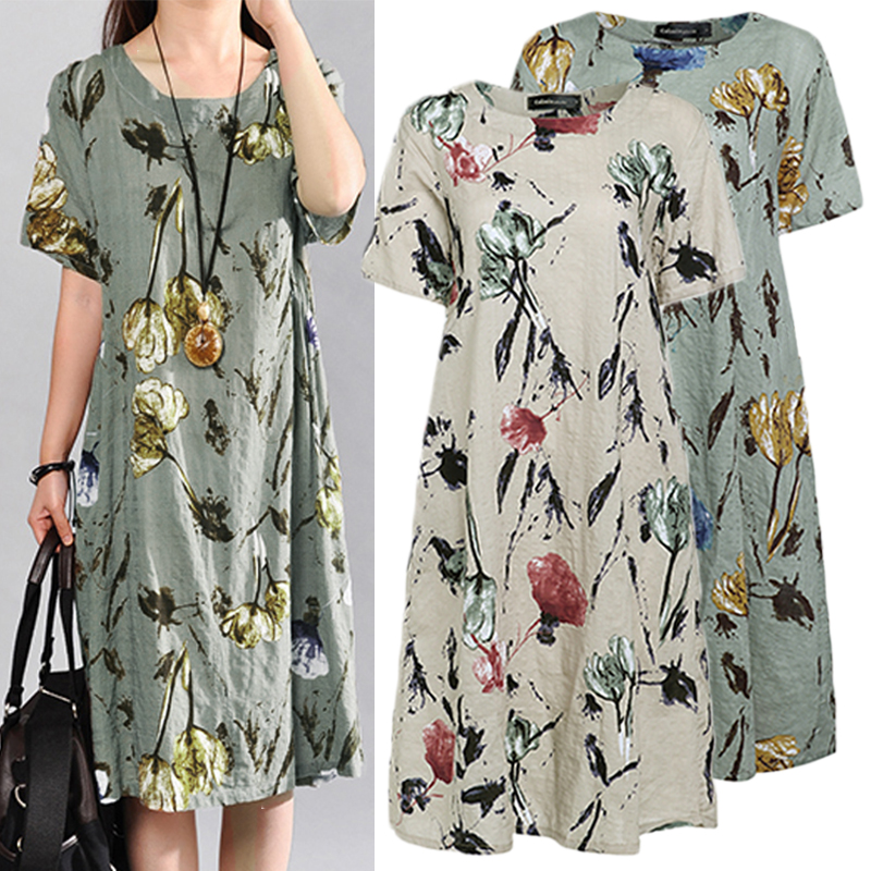 

Celmia Bohemian Summer Dress Vintage Women Short Sleeve Elegant Floral Print Midi Sundress Loose Casual Party Beach Vestidos 5XL, Beige