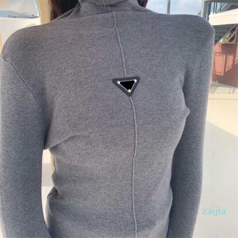 

Triangle Badge Knits Sweater Womens High Neck Long Sleeve Sweatshirts Slim Ladies Bottoming Shirt Top, Black