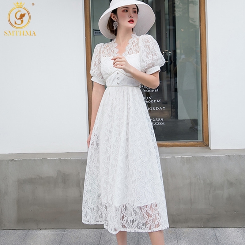 

Fashion Elegant White Lace Hollow Out Dress Women's Short Sleeve High Quality Sparkling Diamonds Dresses 210520, Photo color