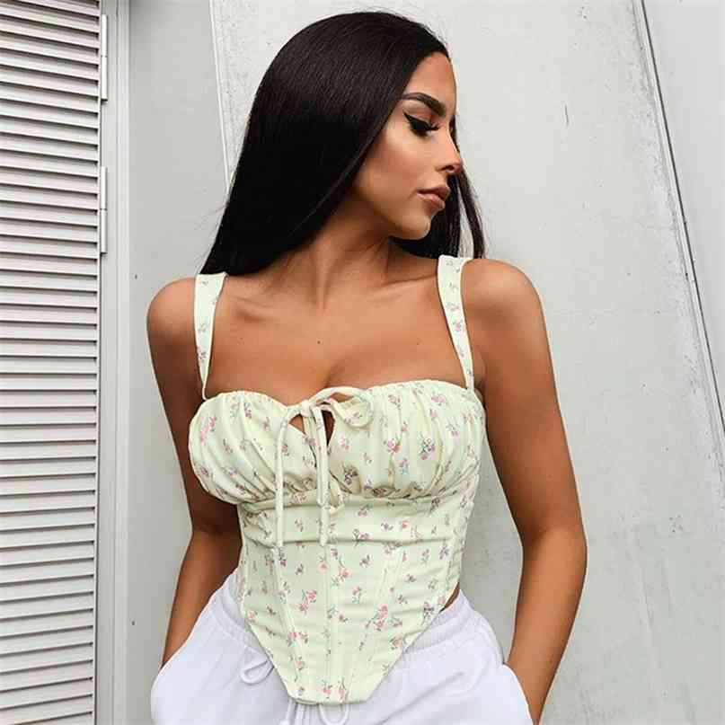 

Floral Corset Women Sweet Print Hollow Up Tie Sexy Crop Top Summer Sleeveless Ruched Boning Bustier Casual Tank 210607, Black