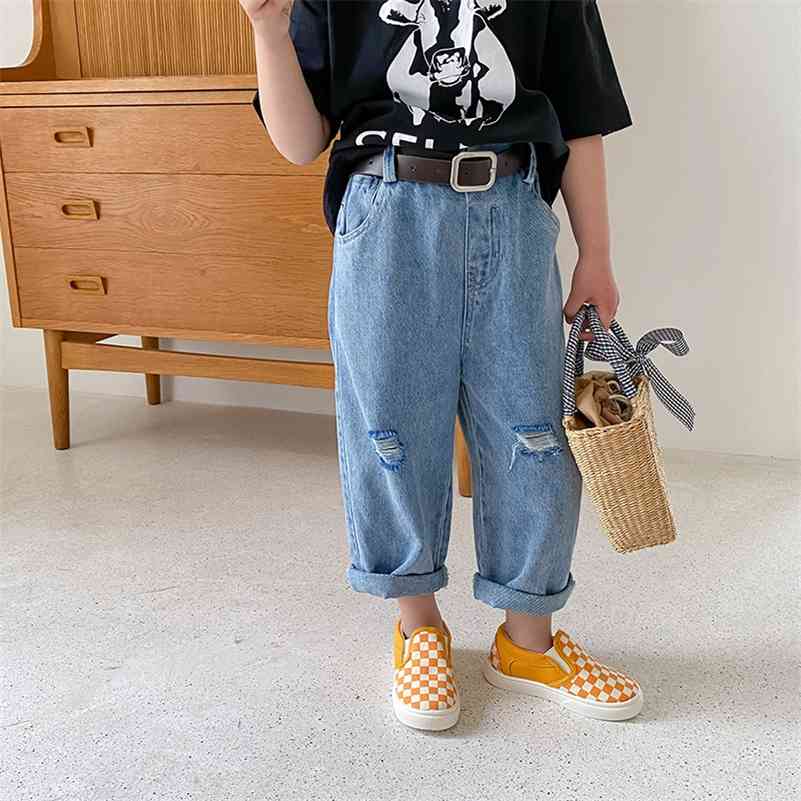 

Summer boys and girls fashion ripped loose jeans thin unisex broken denim pants 1-8Y 210708, Blue