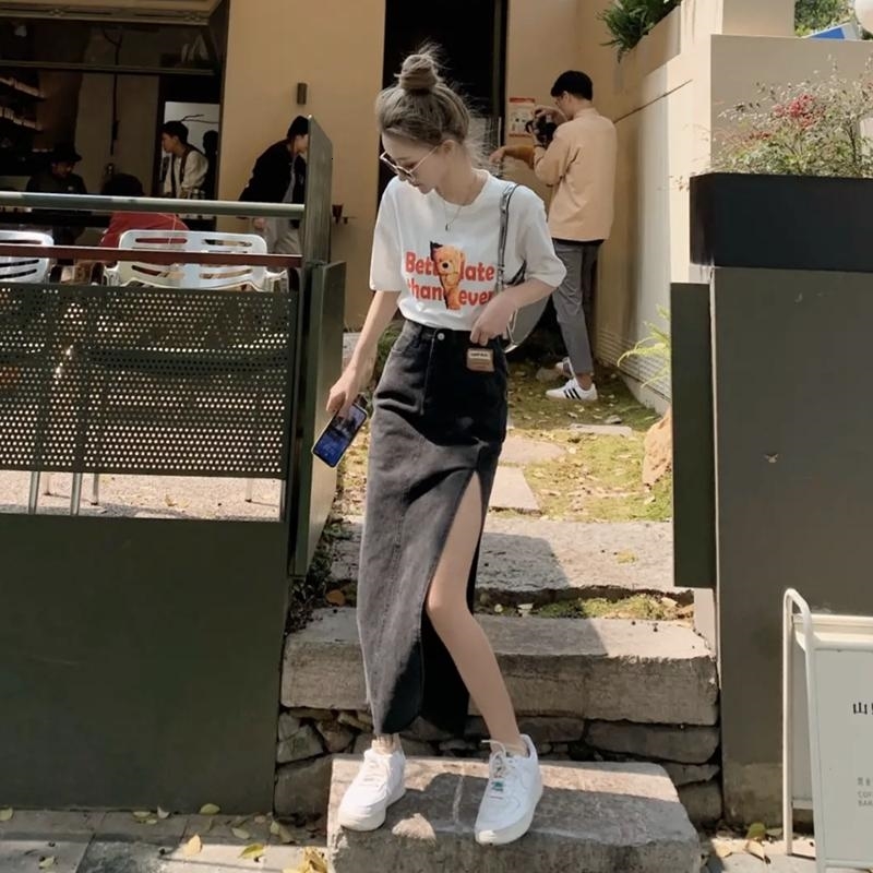 Two Piece Dress spring/summer design feeling high waist split jean skirts in female labeling package hip show thin long a-line ski-image-703536597