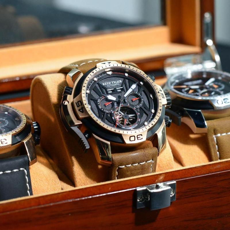 

Reef Tiger/RT Mens Sport Watches Genuine Black Leather Strap Complicated Dial Rose Gold Automatic RGA3532 Wristwatches, Rga3532ylsr