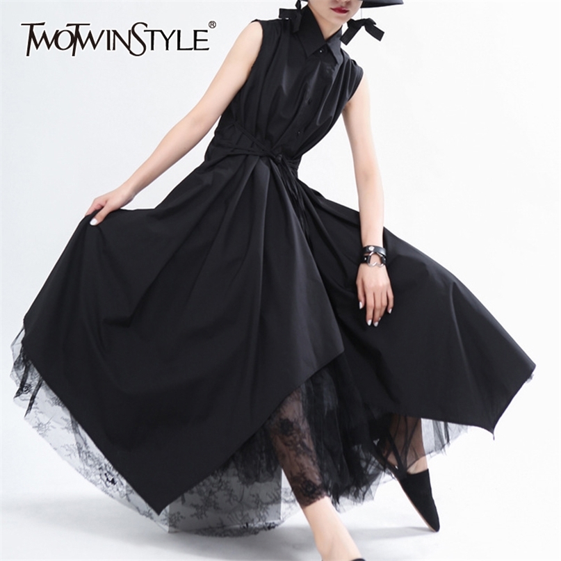 

Casual Patchwork Mesh Dress Women Lapel Collar Sleeveless High Waist Lace Up Irregular Hem Midi Dresses For Female 210520, White