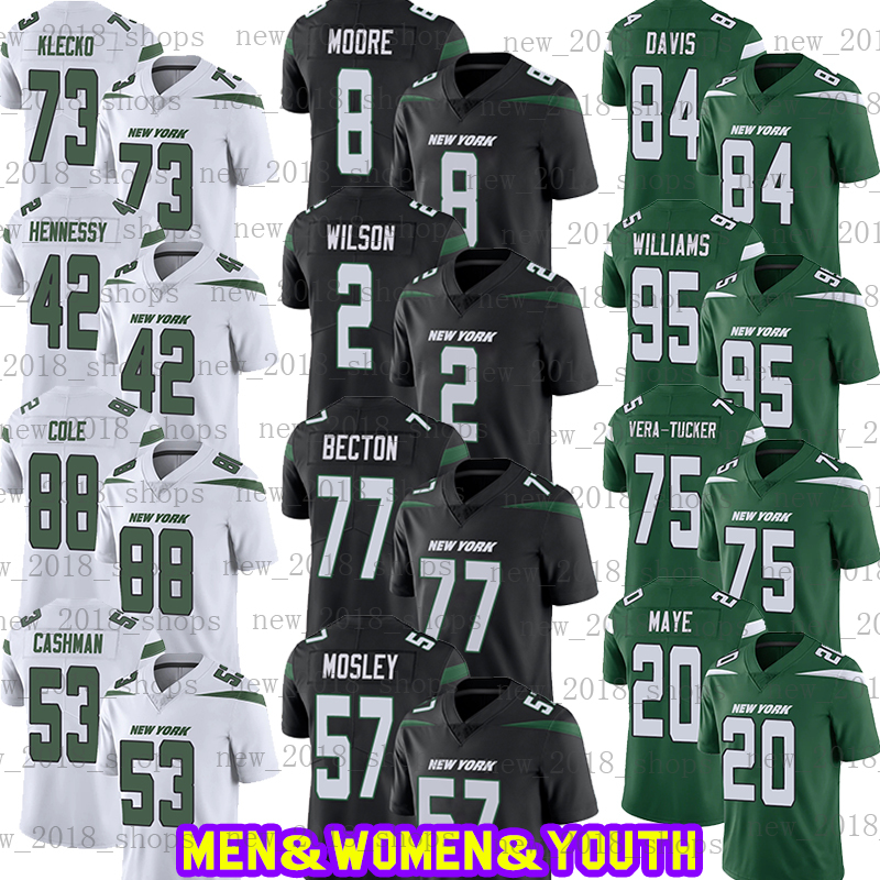 

2 Zach Wilson 8 Elijah Moore Jersey Football 84 Corey Davis 77 Mekhi Becton NYJ 57 C.J. Mosley 95 Quinnen Williams Alijah Vera-Tucker 20 Marcus Maye Joe Klecko Keelan Cole, Custom men jersey
