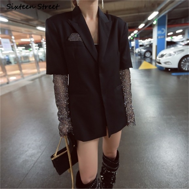 

Woman Blazer Jacket Diamond Sleeve Bling Autumn Winter Notch Collar Streetwear Black Coat Female Casual Fashion 210603