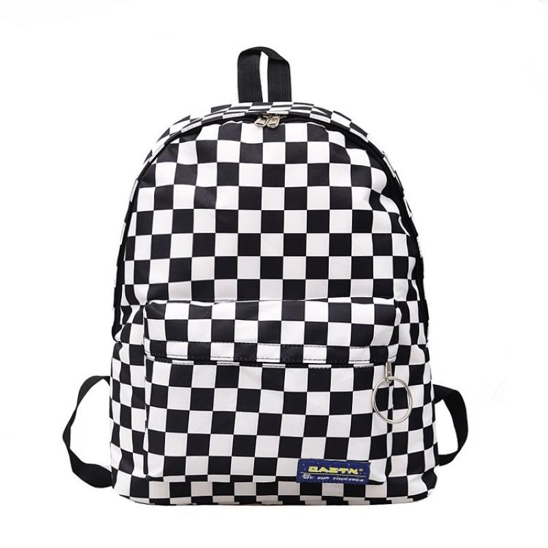 

Backpack Unisex Plaid Nylon Female Travel Daypack Laptop Book Schoolbags Feminina School Casual Rucksack Women Bag Rugzak, Black and white