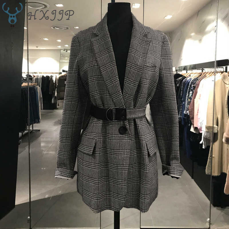 

HXJJP Spring Korean Women's Retro Plaid Small Suit Jacket Women Tie Casual Sashes Single Breasted Blazers 210607, Picture