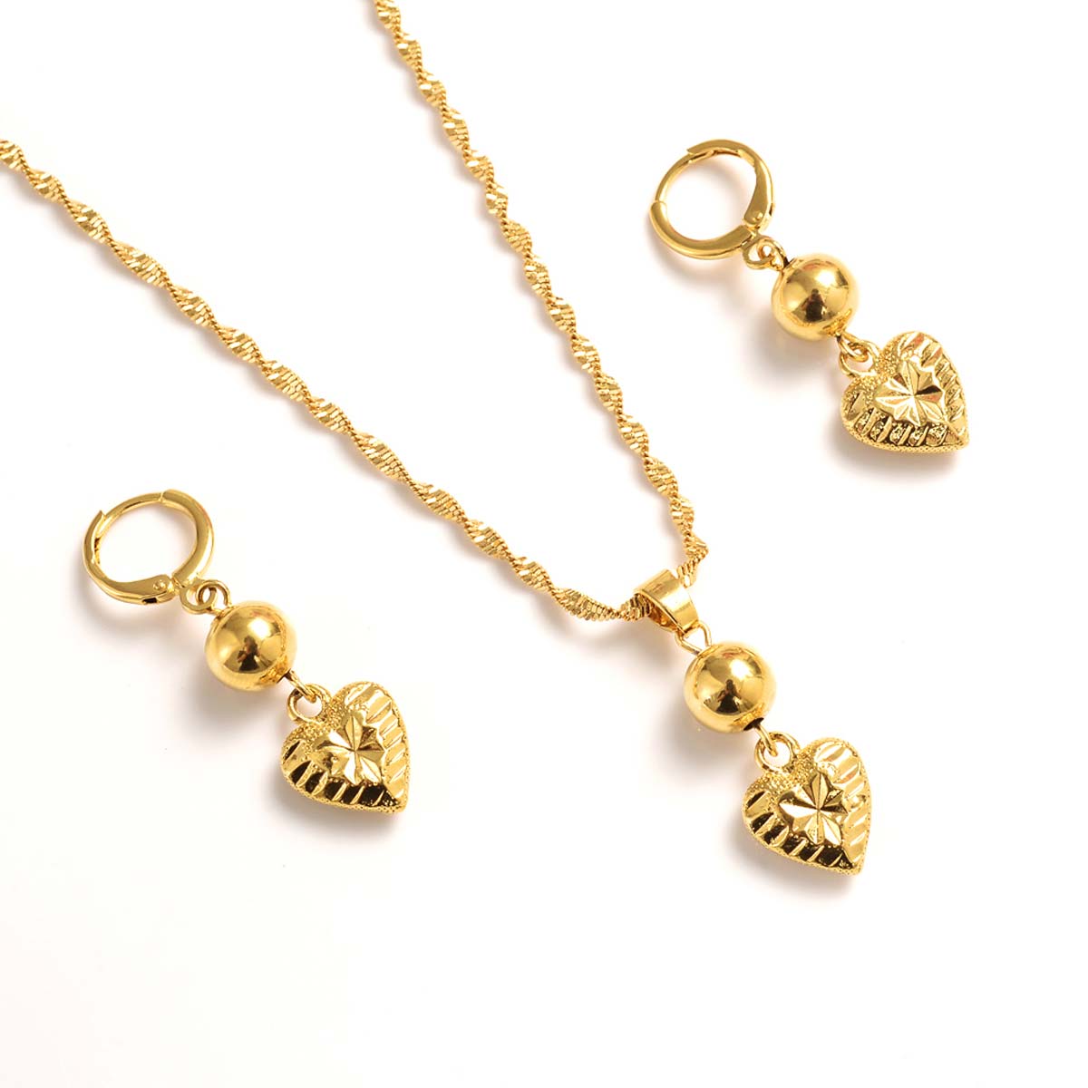 Heart Jewelry sets Classical Necklaces Earrings Set 18K Solid Fine Gold Arab/Africa Wedding Bride's Dowry women girls-image-678471142