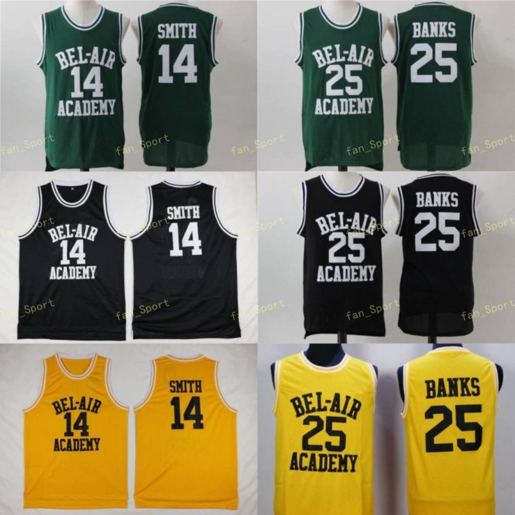 

The Fresh Prince of Bel-Air #14 Will Smith Jersey Bel-Air Academy Basketball Jersey 25 Carlton Banks Jerseys Black Green Yellow Stitched