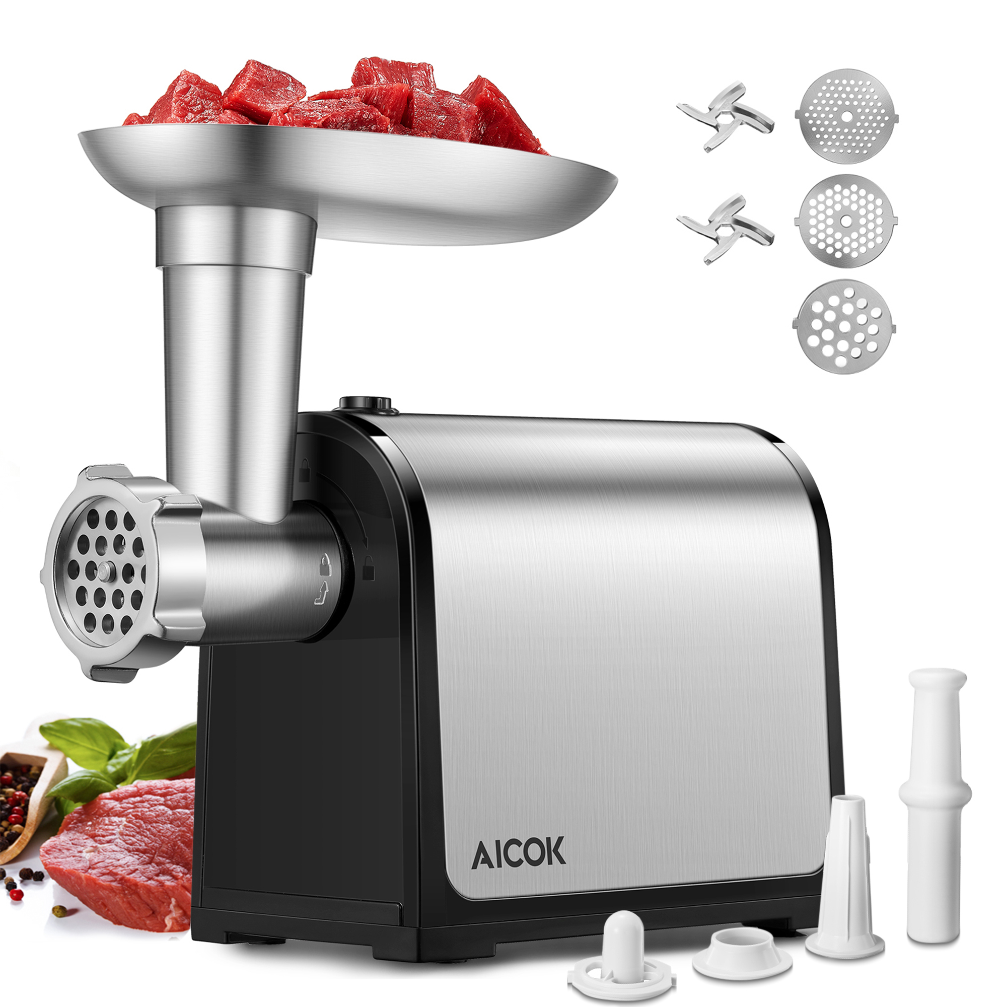 

AICOK Electric Meat Grinder, 3-IN-1 Stainless Steel Mincer & Sausage Stuffer