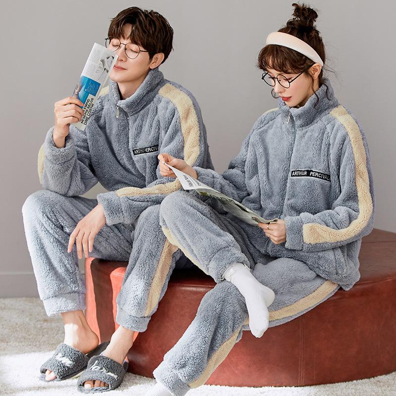 

Men's Sleepwear Winter Coral Fleece Fashion Pajamas Sets For Women Man Flannel Warm Couple Sleep Tops Trousers Pijama Hombre Mujer, Black;brown