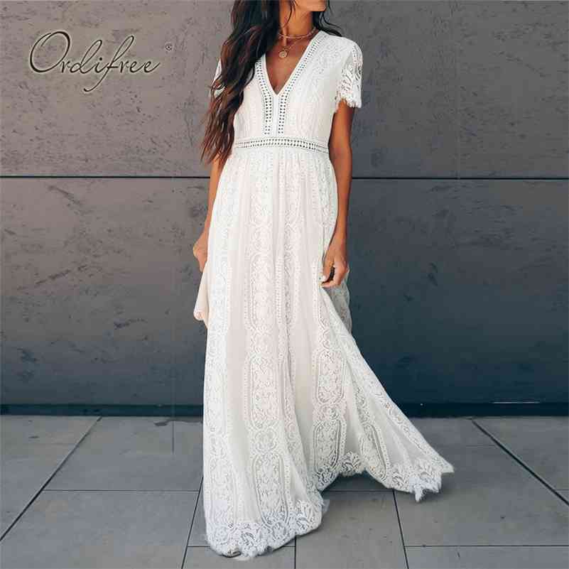 

Ordifree Summer Vintage Women Maxi Party Dress Short Sleeve White Lace Long Tunic Beach Dress Vocation Holiday Clothes 210630