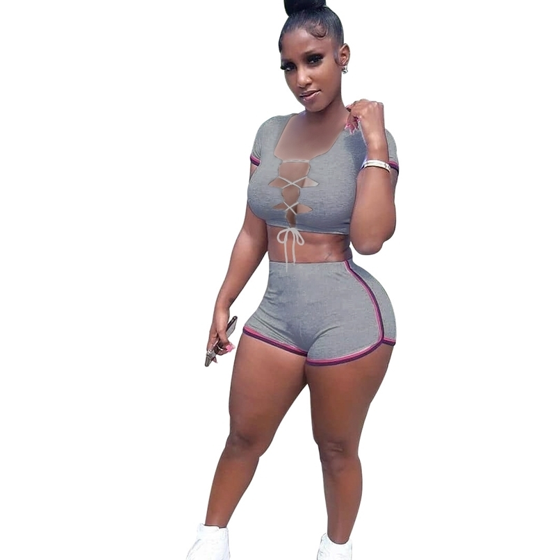 

Classic Summer Loungewear 2 Piece Sets Womens Outfits Shorts And Top Short Sleeve Biker Sweet Girl Streetwear Tracksuit 210525, White