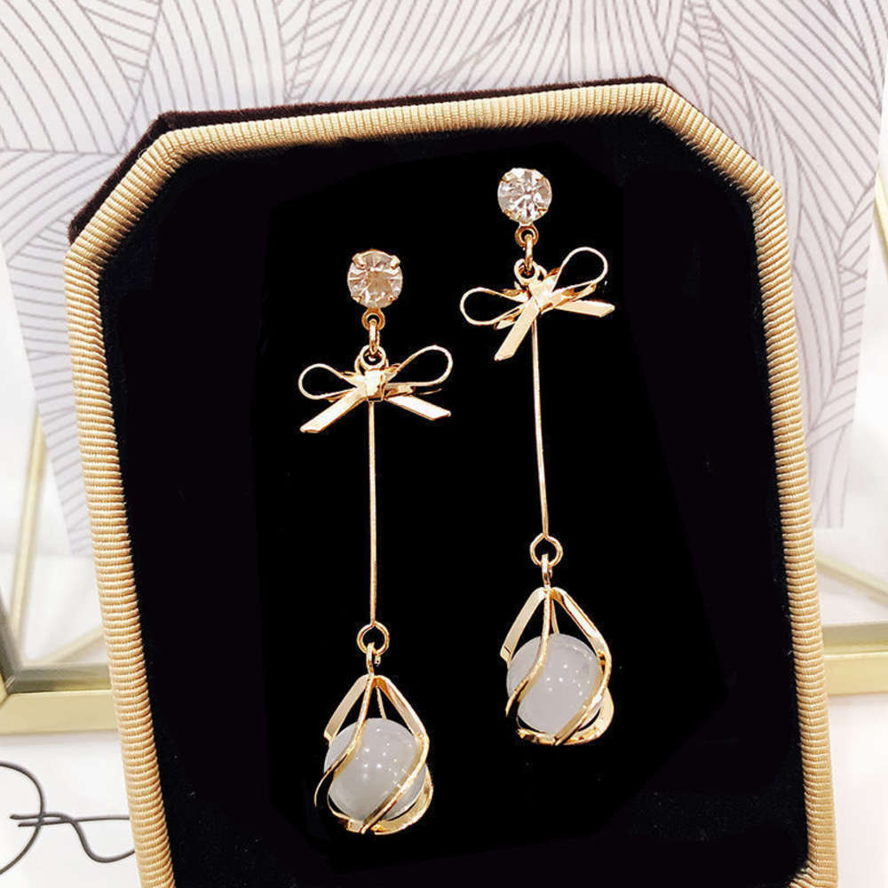 

earrings Korean temperament versatile 925 silver needle long bow cat's eye stone earrings net red personalized Earrings, Golden