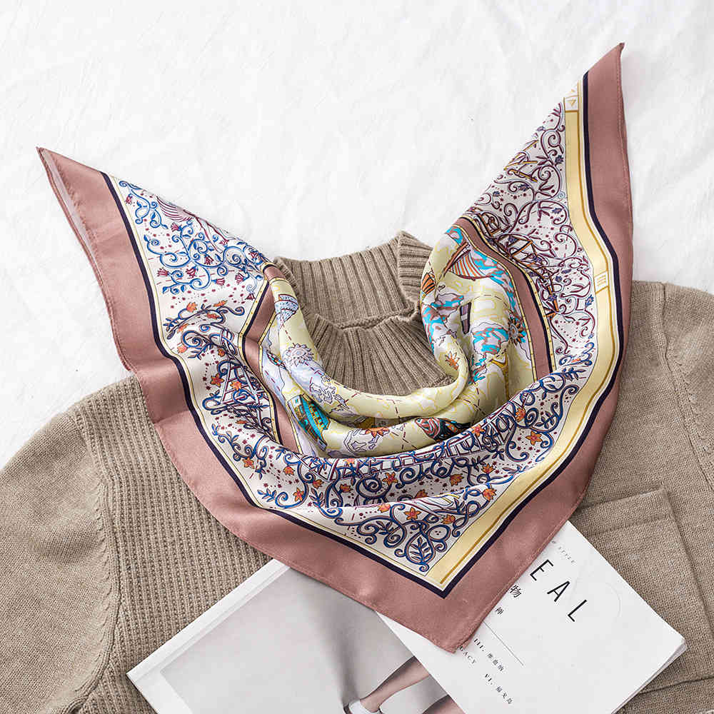 

100% natural silk women square neck scarves world map print crepe satin plain scarf handkerchief bandana 53*53 cm