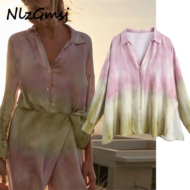 

Blouse Women Vintage Tie Dye Print Long Sleeve Top Woman Summer Elegant Beach Loose Buttons Tops Chic 03 210628, As picture