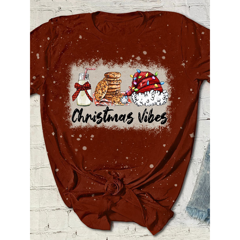 

Summer women's top T-shirt Christmas milk biscuit print round neck street casual home short-sleeved loose and comfortable, White