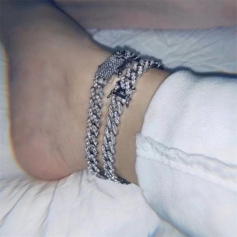 

20cm Silver Color Cuban Chain Anklet Iced Out Rapper Jewelry for Women Bling Crystal Beach Charm Foot 211018