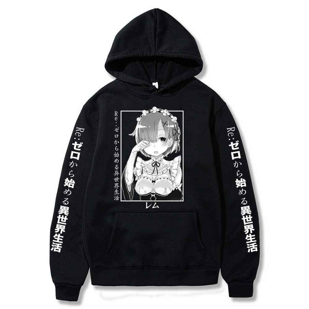 

Re Zero Hoodie Hooded Pullover Anime Starting Life in Another World Rem and Ram Japanese Anime Long Sleeve Sweatshirts Hoodies X0610, Black