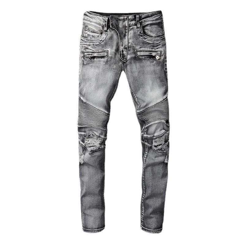 

New Trendy Brand High Street Three-dimensional Tailoring Dark Zipper Locomotive Slim Stretch Small Feet Smoky Gray Jeans Men Pants, Blue