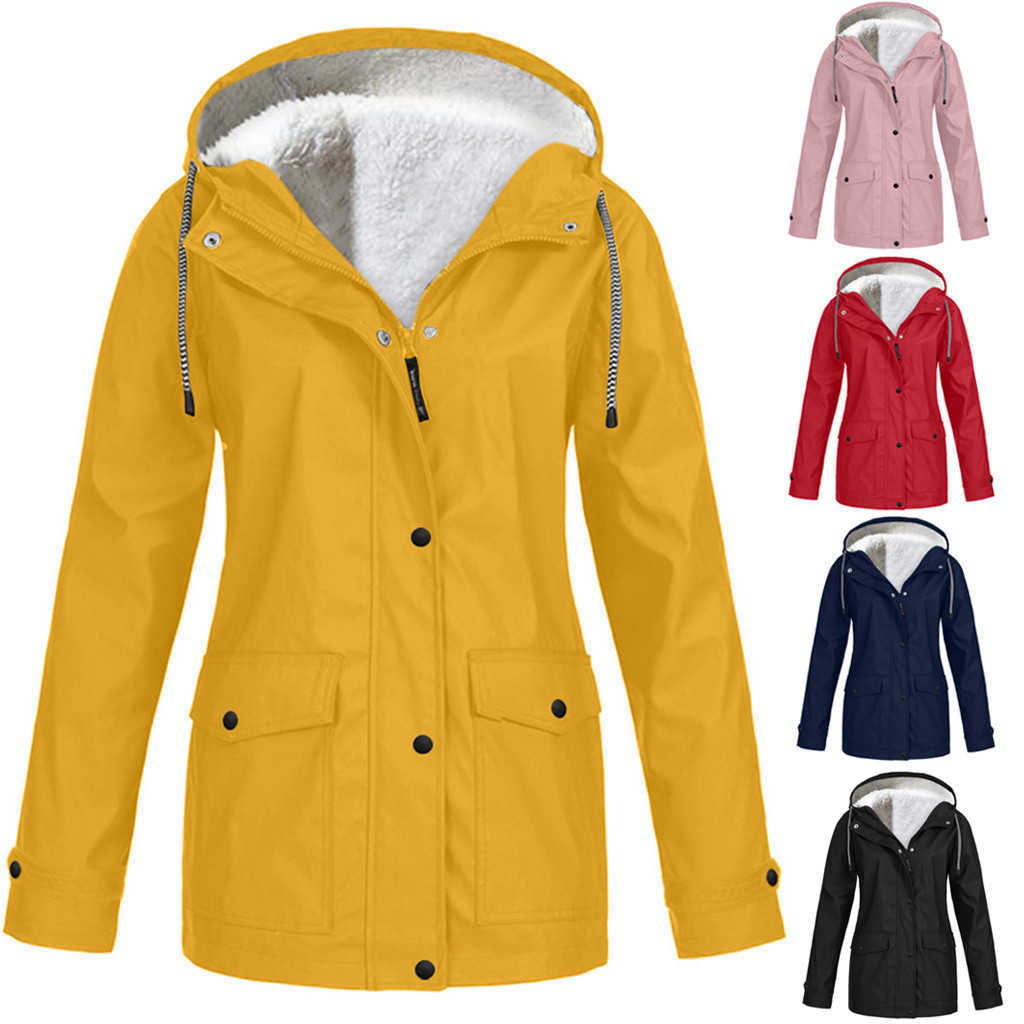 

Women Solid Plush Thickening Jacket Outdoor Plus Size Hooded Raincoat Windproof Large Long Warm Hooded Jacket 2020#T2 X0804, Black