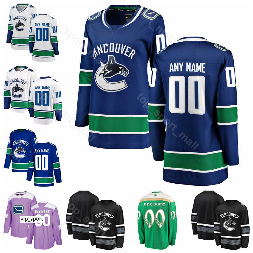 

Vancouver Canucks Hockey Custom Jersey 53 Bo Horvat Daniel Sedin 33 Henrik Sedin Brock Boeser Elias Pettersson St Patricks Day, Kids blue