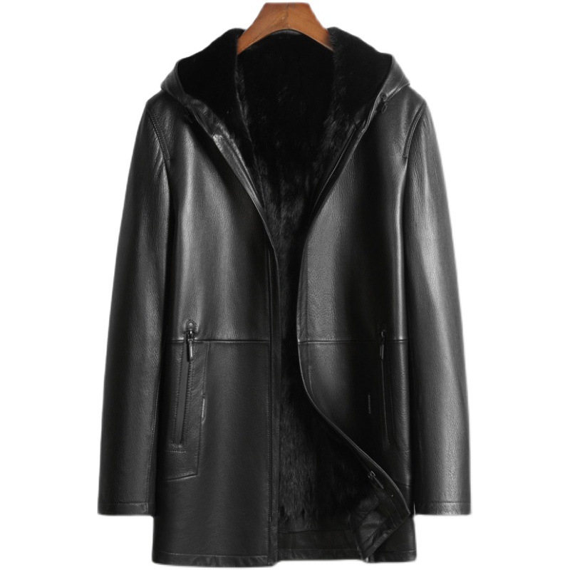 

Men Winter Jacket Leather Jackets Male Mink Liner With Fur Hooded Thicken Warm Windbreakers Snow Outerwear Overcoat Black Tops L-5XL