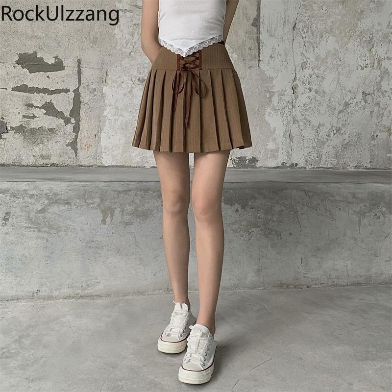 

Skirts High Waist Mini Pleated Ribbon Lace Up Bow Skirt Teenager Student Girl Cute Fashion Summer Sexy Japanese Korean Lolita, Chocolate
