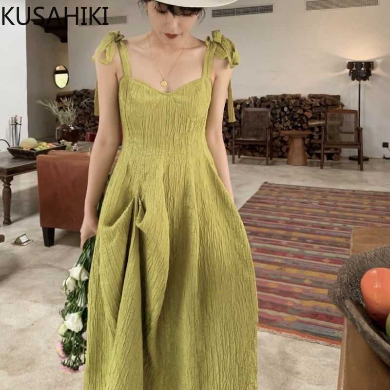 

KUSAHIKI Summer Bow Tie Spaghetti Strap Women Dress High Waist A-line Dresses Korean Fashion Sweet Vestido Femme 6J178 210602, White