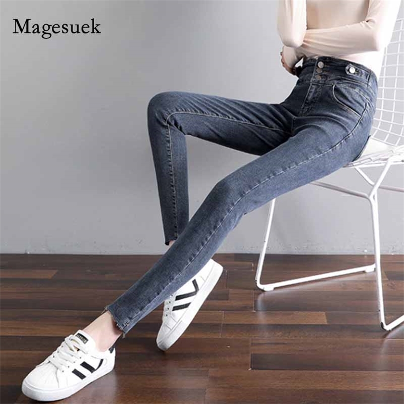 

Tight Pencil Pants Black Gray Skinny Jeans Autumn Elastic Slim Fashion Buckle Button Women High Waist 10836 210518, Black grey