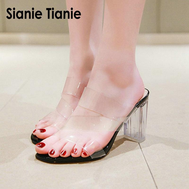 

Sianie Tianie 2021 Summer PVC Transparent Jelly Sandals Block High Heels Open Toe Woman Slippers Mules Women Size 34-48, Black
