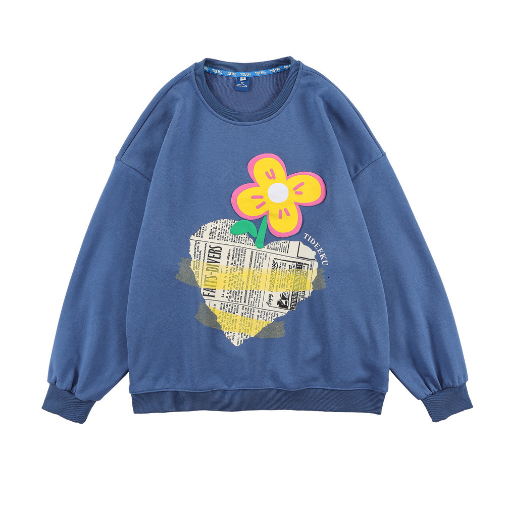 

Sweatshirts Cartoon flower foam printed hoodless sweater mens street fun trend loose round neck long sleeve top Hoodie, Black