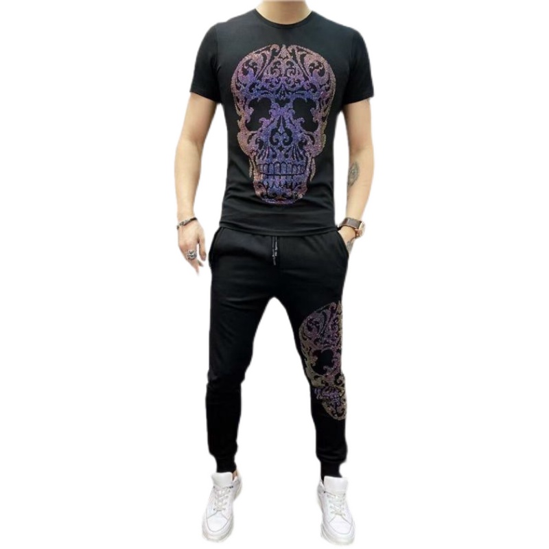 

Freeship mens luxury leisure rhinestone beading black short sleeve t shirt with pants/fashion/hip top/style tracksuits/Asia size, Gray