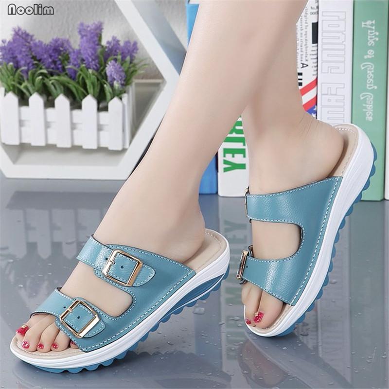 

Slippers Women Buckle Leather Slides Shoes Solid Color Wedge Beach Ladies Home Sandals Summer Outside Flip Flops, Black