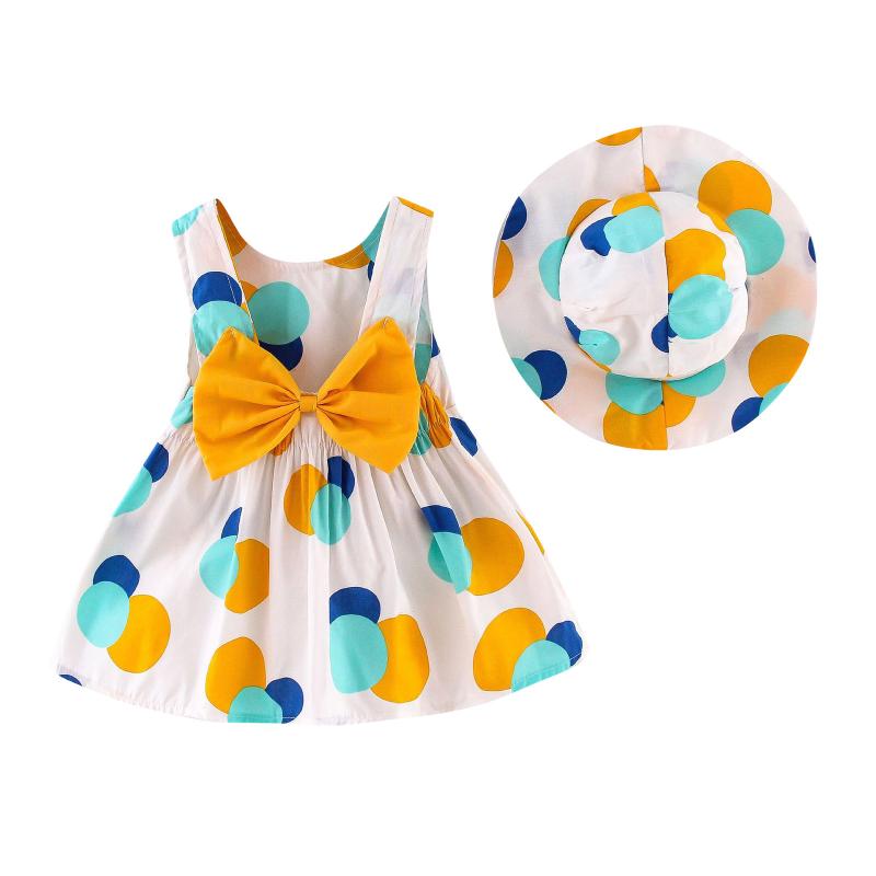 

Girl's Dresses 2pcs/set Summer Toddler Baby Girls Dress For Kids Sleeveless Polka Dot Print Princess +Hat Casual Clothing Set, Red;yellow
