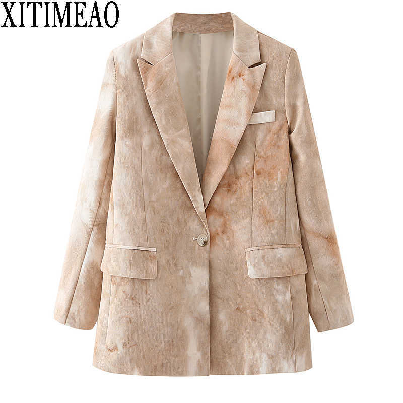 

XITIMEAO Women Fashion Office Wear Retro Tie Dye Printed Suit Corduroy Coat Vintage Pockets Female Outerwear Chic Tops 210602, As picture