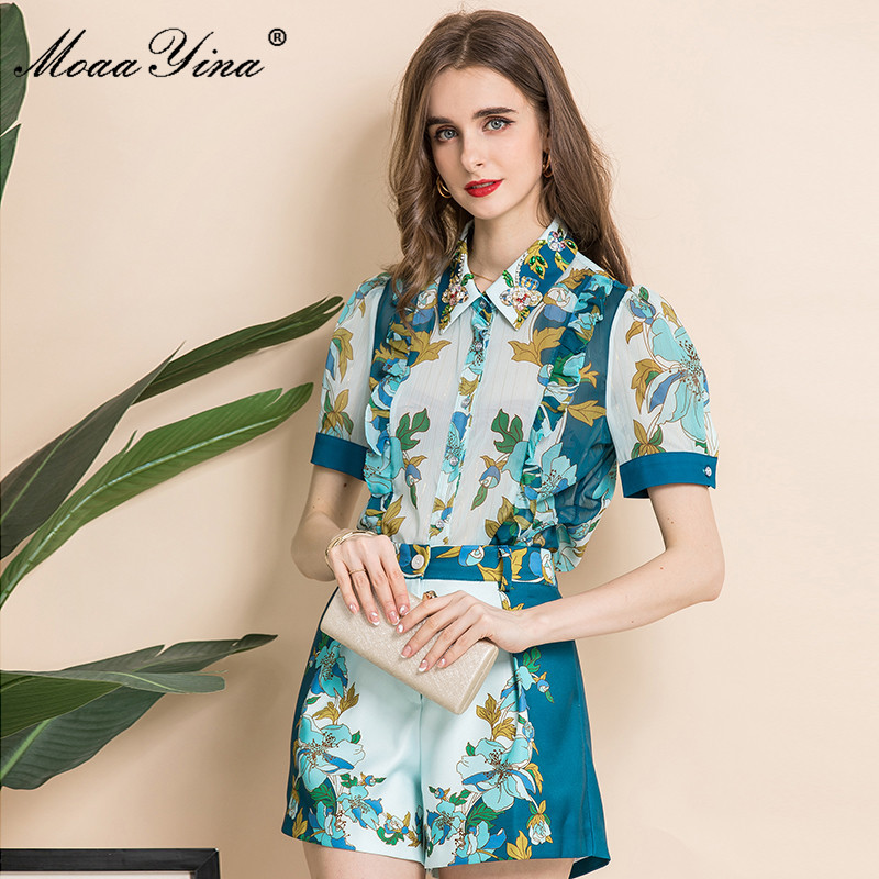 

Fashion Runway Summer Two Piece Floral print Short Sets Women's Turn-down Collar Beading Blouse and Casual Shorts Suit 210524, Cyan