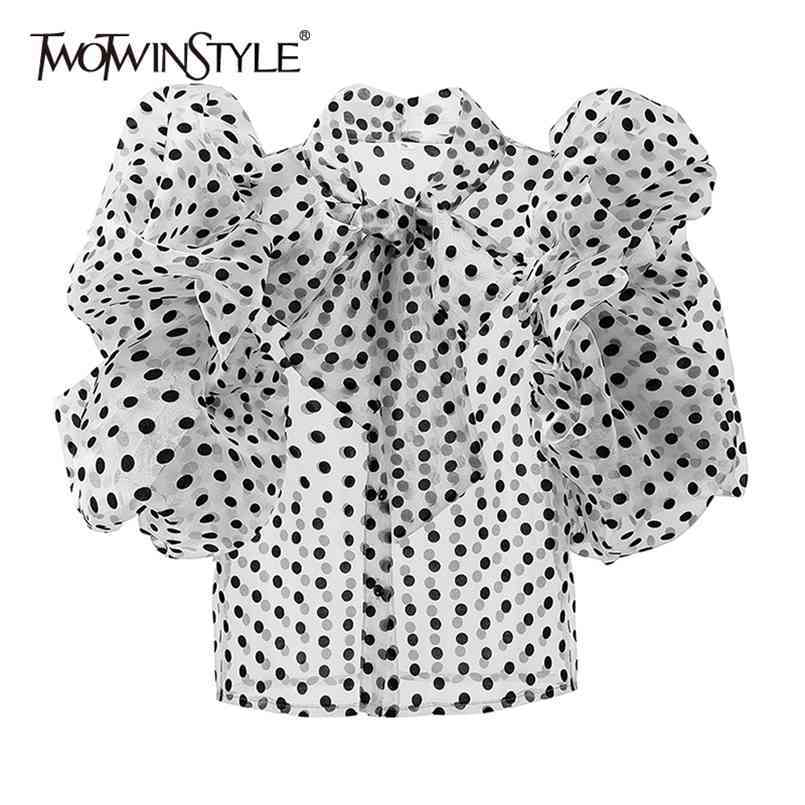 

Loose Dot Lace Up Bowknot Shirt For Women Stand Collar Short Sleeve Casual Chiffon Blouse Female Fashion 210524, Pink