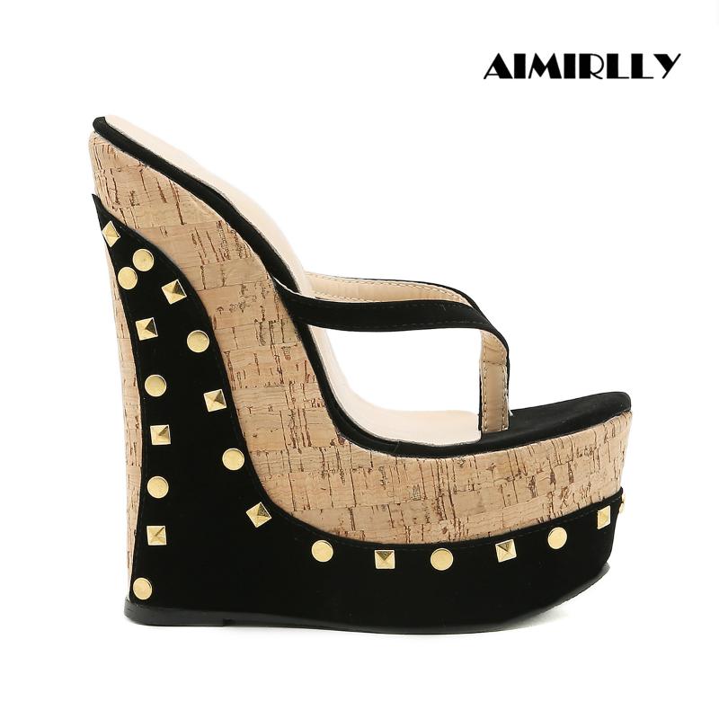 

Sandals Women's Wedge Studs Decor Platform Flip Flops Shoes Open Toe High Heels Mules Slipper Summer Casual Footwear Comfortable, Black