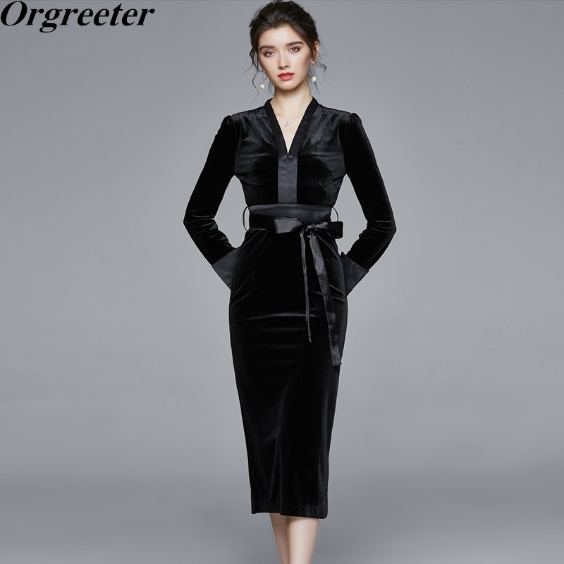 

Autumn and winter Black Velvet Dress Elegant Office lady V-neck Bow tie Slim Bodycon Pencil Long Work wear 210525