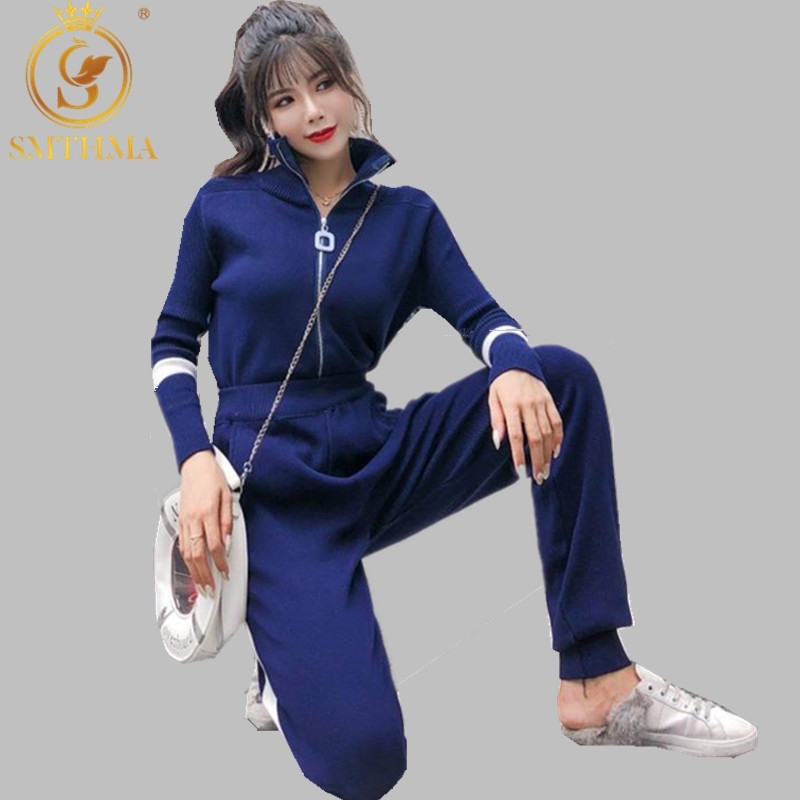 

Autumn And Winter Knit Tracksuits Striped Zipper Cardigans Women Fashion Trendy Knitting 2pcs Trousers Sets 210520, Photo color