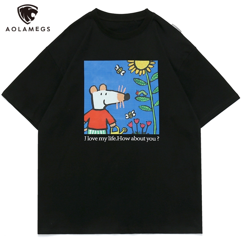 

Aolamegs T-shirt Men Cute Funny Watercolor Painting Print Men's Tee Shirts Summer Casual Loose Harajuku College Style Streetwear 210721, Black