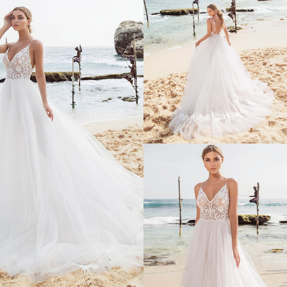 Charming Tulle Beach Wedding Dress 2021 Boho V-neck Spaghetti Straps Backless White Ivory A Line Wedding Gowns Vestido De Noiva-image-688762396