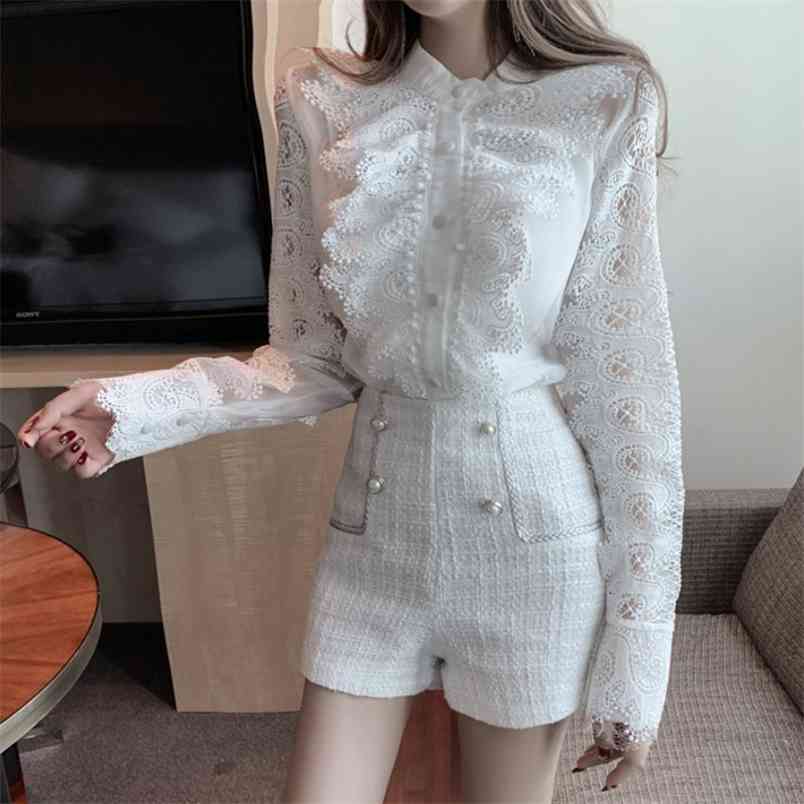 

Spring Two piece set Women Lace Embroidery Hollow out Ruffles Shirt Top + Tweed Short pants Suits 210519, White