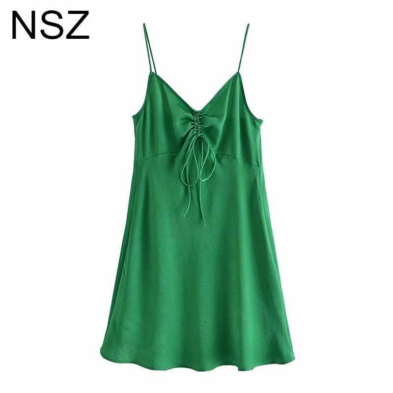 

NSZ Women Green Satin Spaghetti Strap Dress Summer Sleeveless Drawstring Sexy Party Night Club Camisole Sundress 210608, 28-1