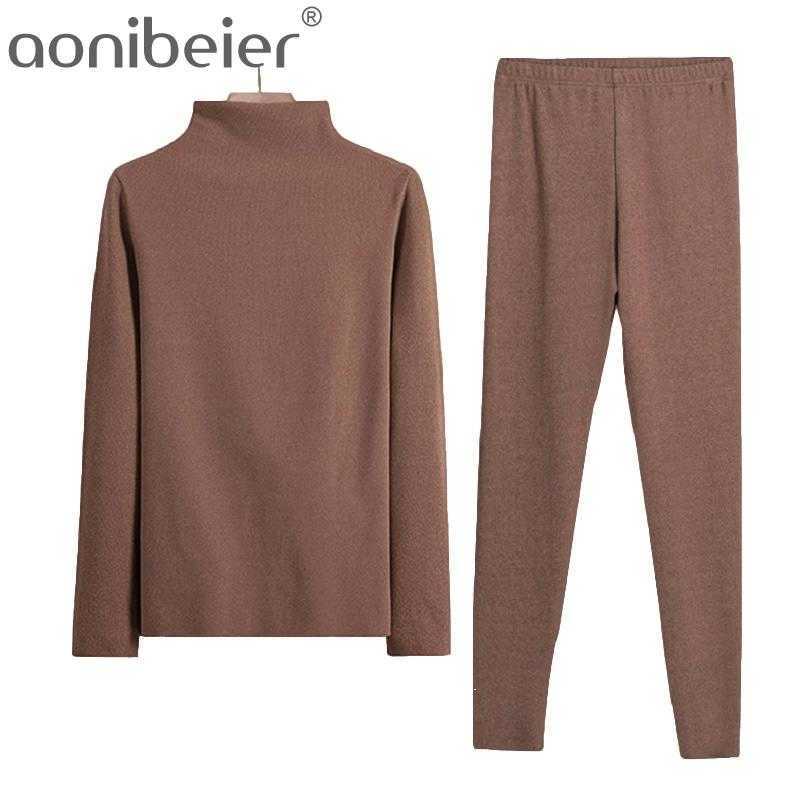 

Homewear Underwear Spring Winter Warm Fleece Women's Intimates Slim Thermal Sets Tops and Bottoms Suit 210604, Round- black